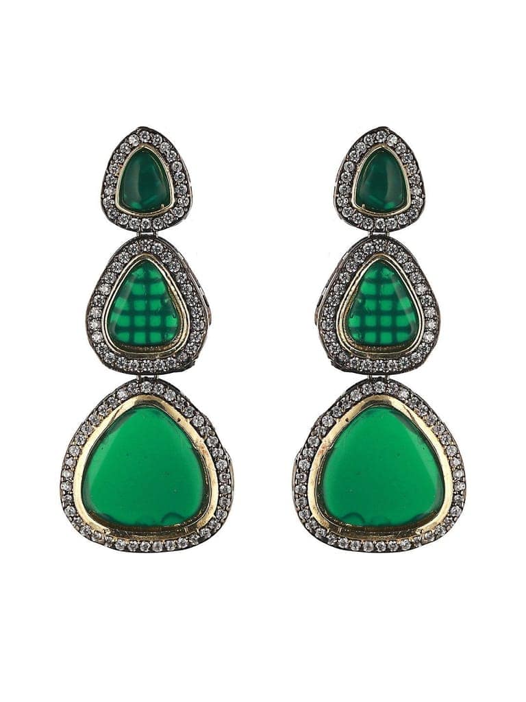 Gold Oxidised Green AD Handcrafted Designer Earrings view 4