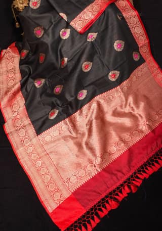 Black Banarasi Tussar Silk Saree with Gold Tone Zari and Contrast Red Zari borders | SILK MARK CERTIFIED