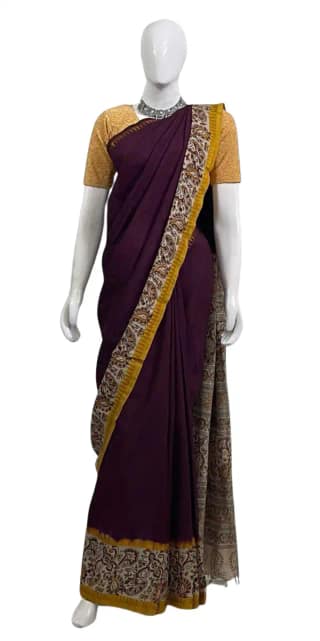 Kalamkari Mangalgiri Silk Cotton Saree Coffee Brown