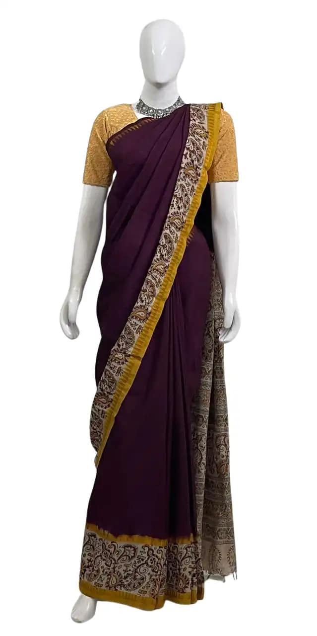 Kalamkari Mangalgiri Silk Cotton Saree Coffee Brown