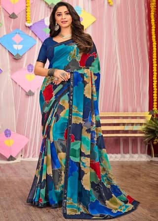 Multicolor Color Stone Work Georgette Saree With Sequence Border And Georgette Blouse Piece
