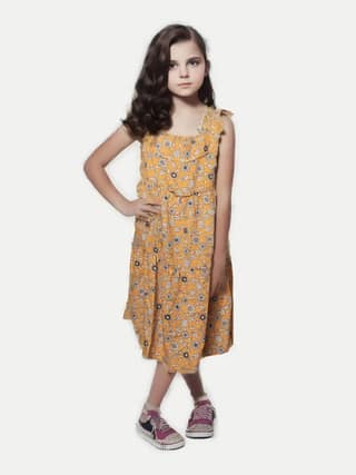 Girls Yellow Floral Printed Dress