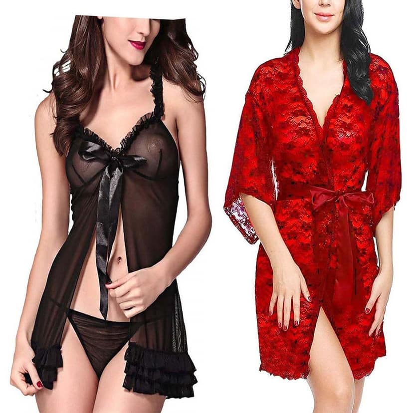 Net Babydoll Nightdress Robe panty Combo Pack 2 view 4