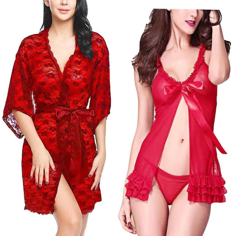 Net Babydoll Nightdress Robe panty Combo Pack 2 view 6