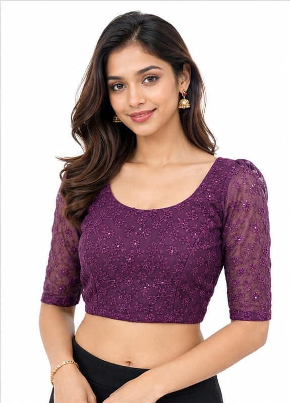 Wine Chikankari Floral Embroidered Ethnic Blouse for Sarees