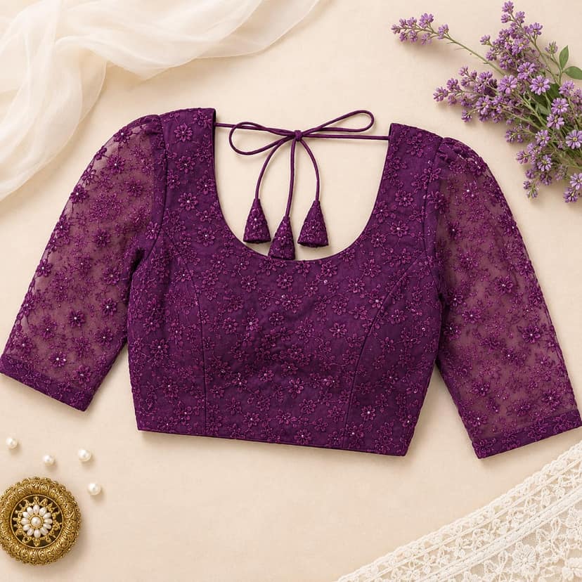 Wine Chikankari Floral Embroidered Ethnic Blouse for Sarees view 2