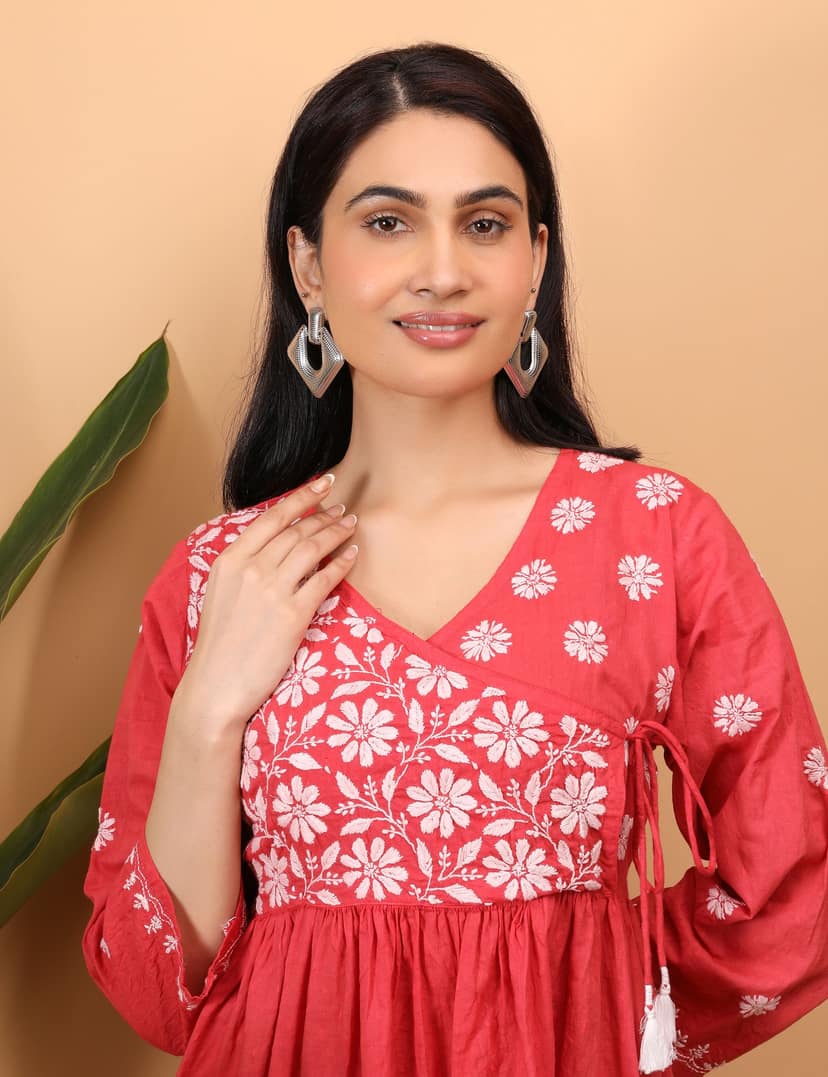 Shwet Women Red Chikankari Angarkha Top view 6