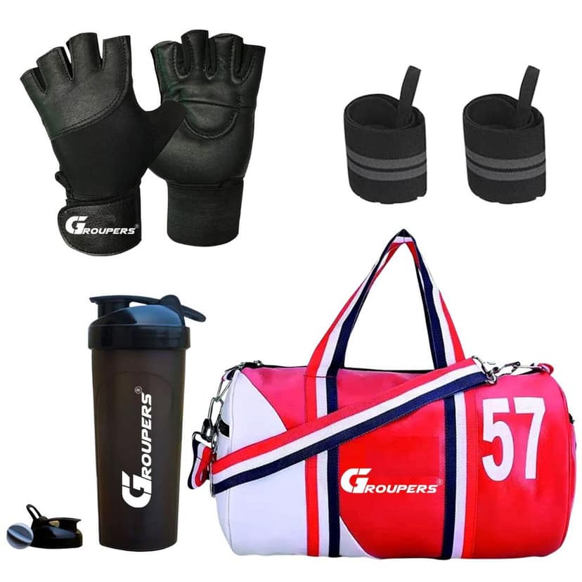 GROUPERS Duffle PU Leather Bag with Wrist BandlGym Bags(5N-SWSD-GLVS-WB-57-RDWHT)