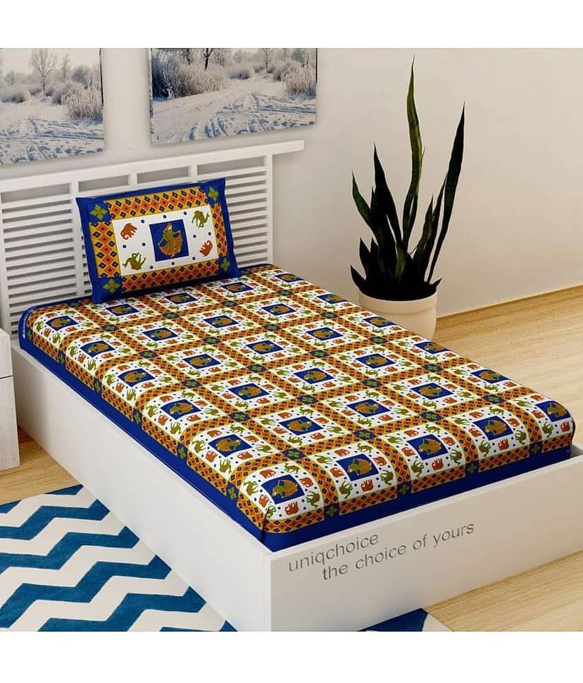 Uniqchoice Cotton 1 Single Bedsheet with 1 Pillow Cover ( Blue )