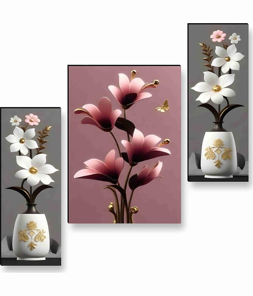 Livin'luxe Elegant Floral Vase Wall Art – 3 Panel Modern Flower Painting with Golden Accents & 3D Effect for Bedroom or Living Room Décor 12 Inch x 20 Inch