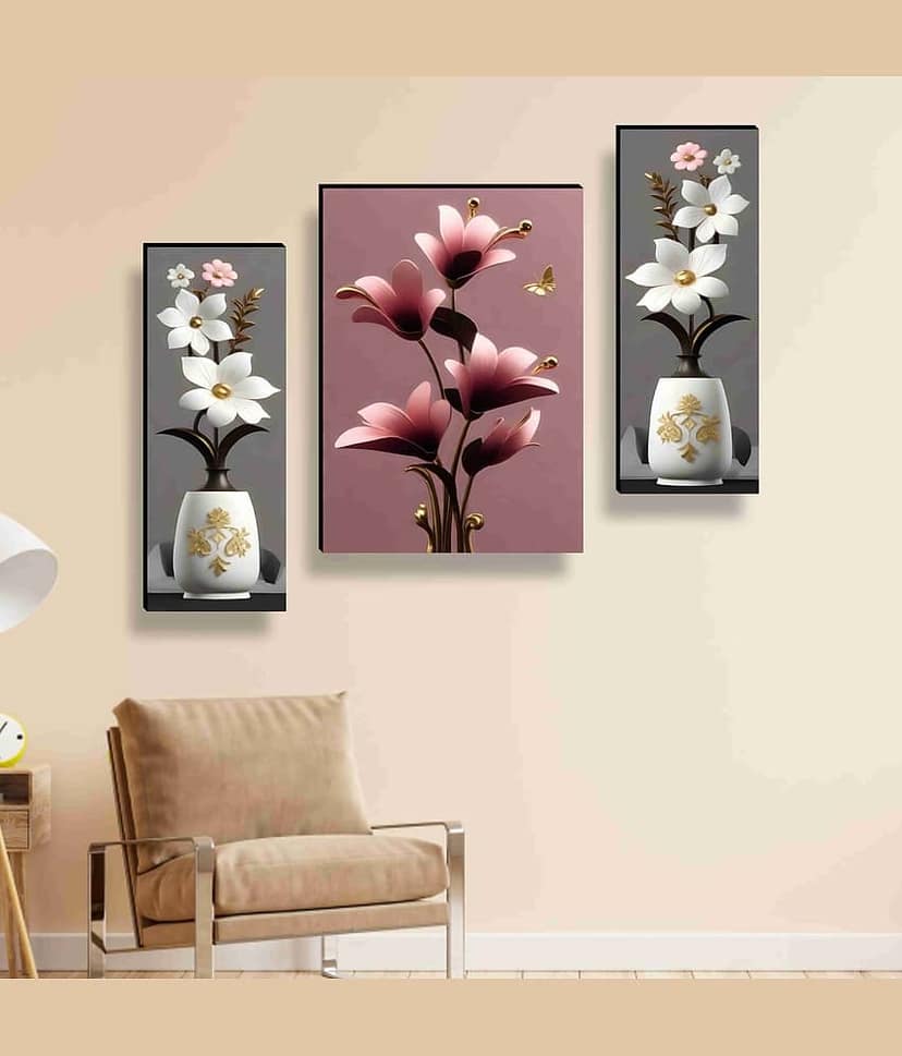 Livin'luxe Elegant Floral Vase Wall Art – 3 Panel Modern Flower Painting with Golden Accents & 3D Effect for Bedroom or Living Room Décor 12 Inch x 20 Inch view 2