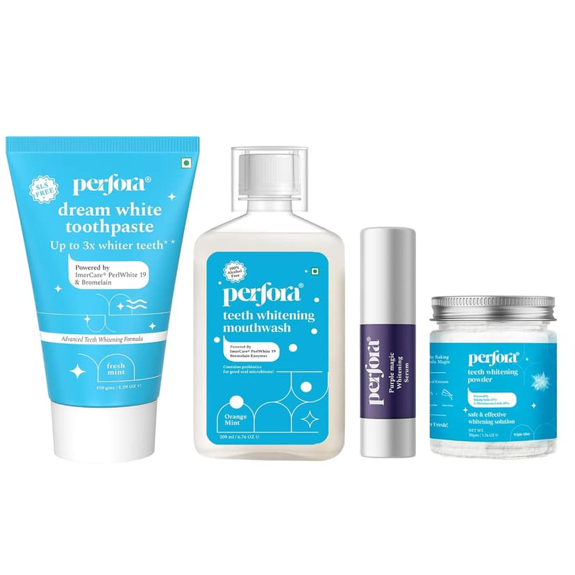 Perfora Complete Oral Care Teeth Whitening Kit | No Artificial Sweetners | Enamel Safe & Effective Teeth Whitener Solution | Purple Toothpaste for Teeth Whitening | Alcohol Free Mouthwash