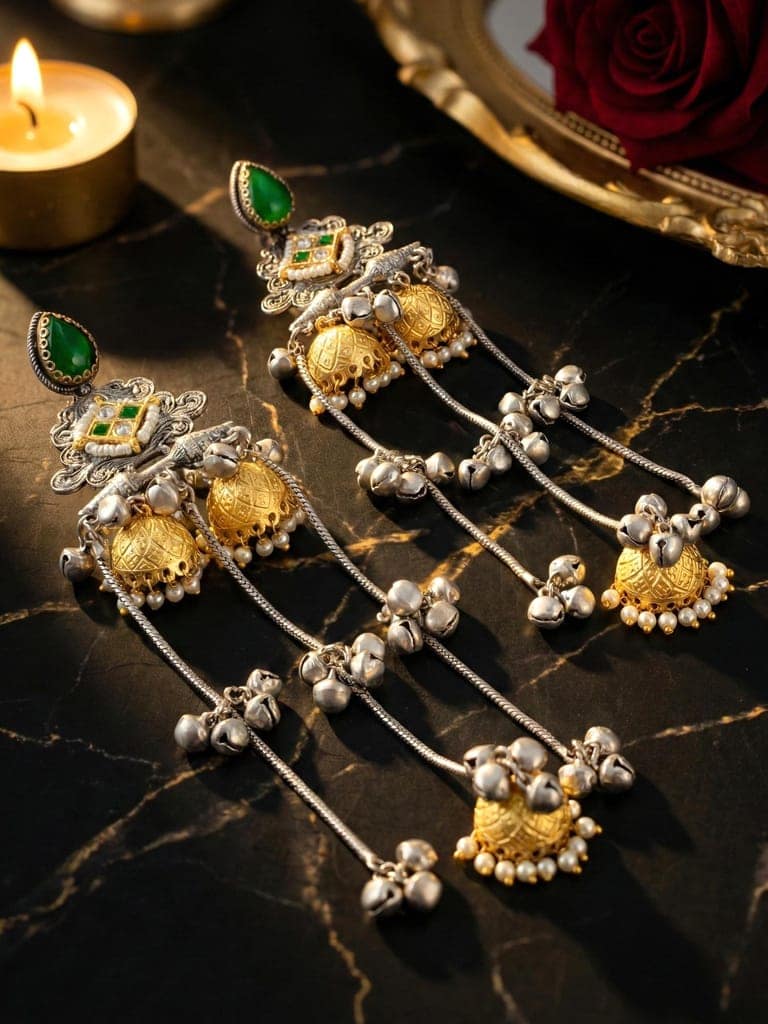 LUCKY JEWELLERY Kashmiri Oxidized Earrings with Green Stone & Triple (938-KJO-28102-G) view 2