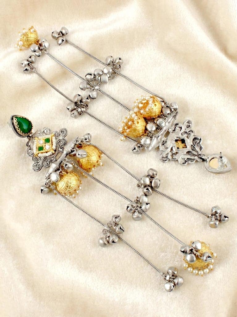 LUCKY JEWELLERY Kashmiri Oxidized Earrings with Green Stone & Triple (938-KJO-28102-G) view 4