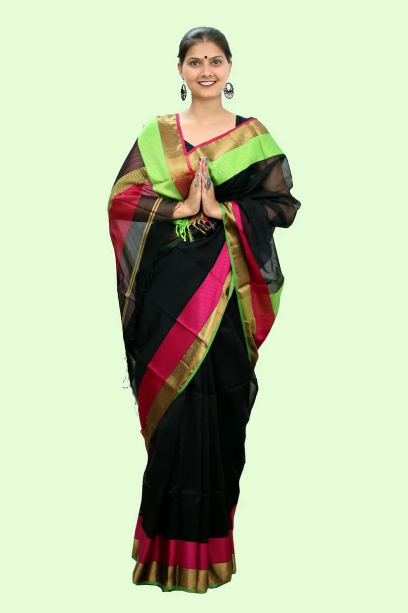 Magical Black Trio handloom Saree with Tassels view 3