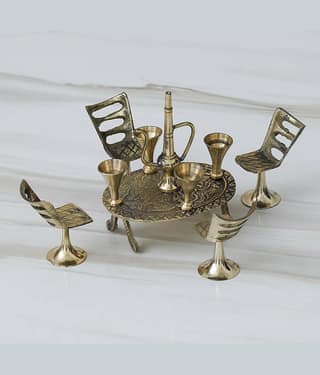 Fashion Bizz Handcrafted Brass Mini Chair Table Decorative Showpiece - 10 cm