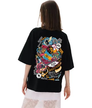 Leotude Women Cotton Blend Printed Oversized Round Neck T-Shirt ( Black )