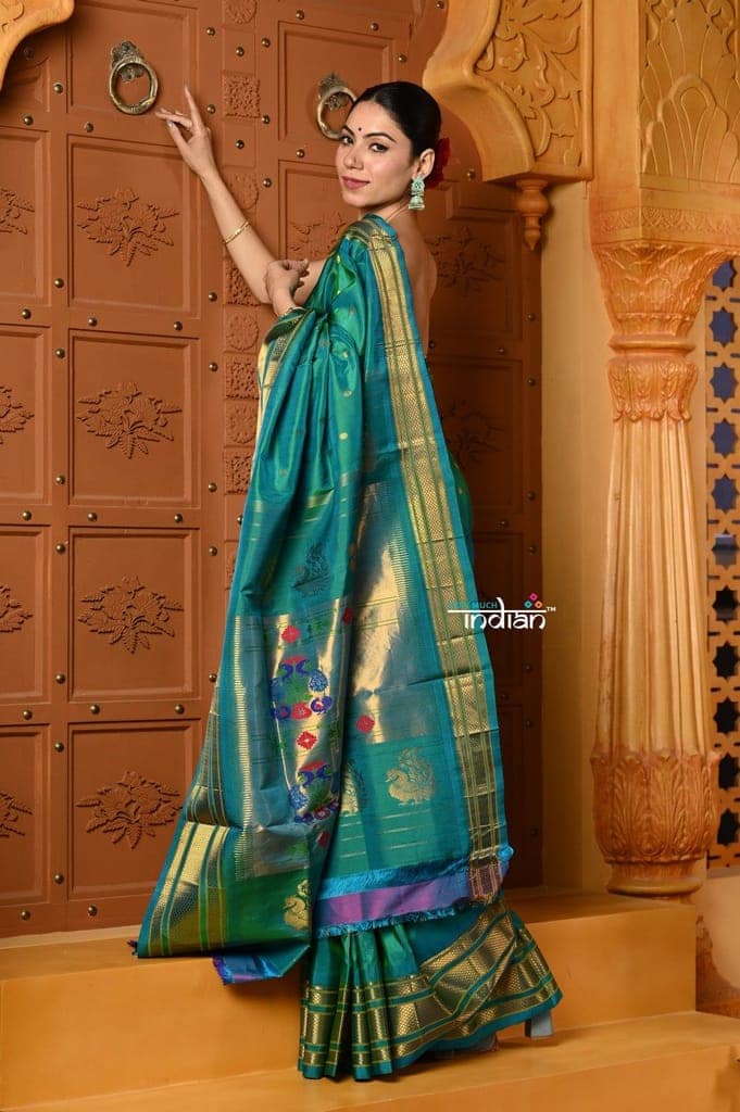 Shubh ~ Handloom Pure Silk Maharani Paithani with Majestic Maharani Pallu in Saphire Blue Green view 2