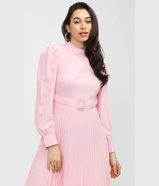 Tokyo Talkies Women Polyester Solid Fit & Flare Dress ( Pink )