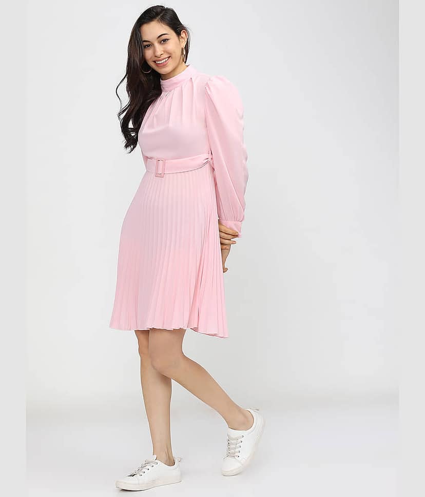 Tokyo Talkies Women Polyester Solid Fit & Flare Dress ( Pink ) view 2