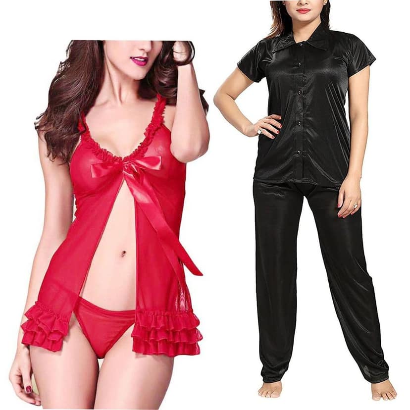 Babydoll Nightdress with panty Collar NightSuit women Girls Combo Pack of 2 view 5
