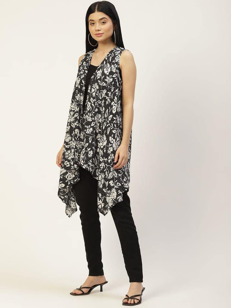 Women Black & Off White Printed Longline Waterfall Shrug view 3