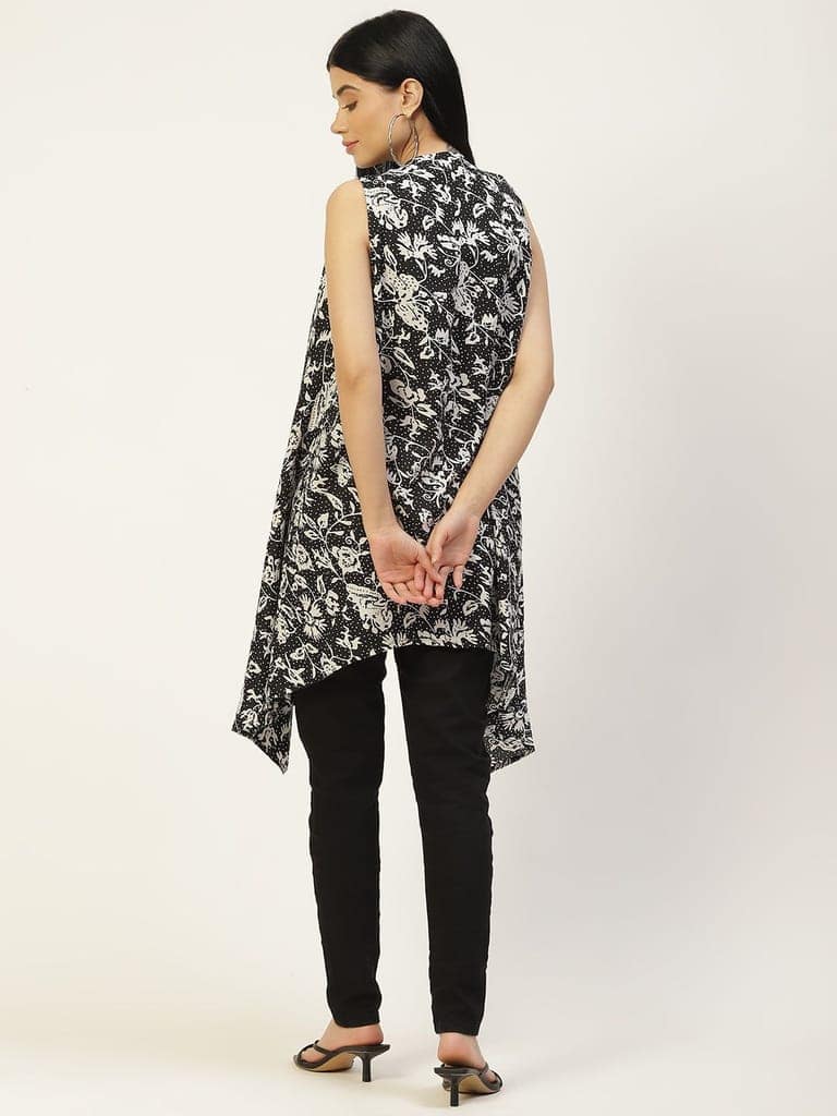 Women Black & Off White Printed Longline Waterfall Shrug view 4