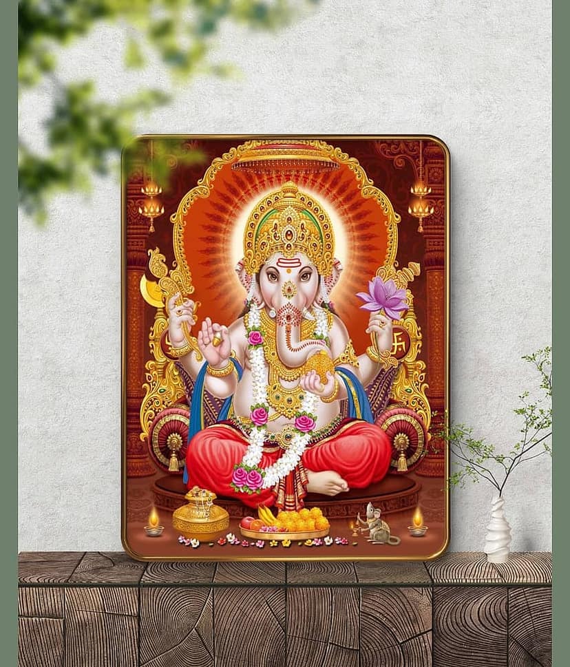 SAF Divine Lord Ganesha Wall Painting | Golden Frame | Sparkle Lamination | MDF Board | Pooja Room/Home Decor | Ganpati Bappa Mural Art Poster | Vastu Gift Item view 2