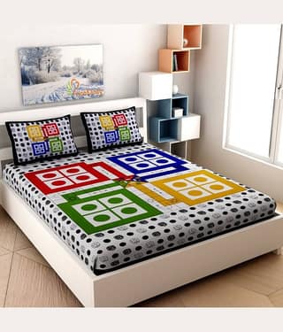 Frionkandy LUDO Cotton Double Bedsheet ( Blue )
