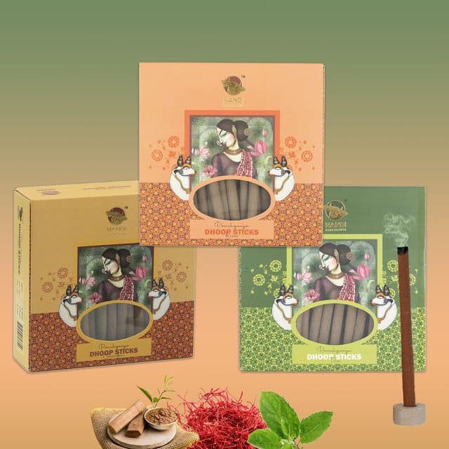 Nandi Panchgavya 100 Percent Cow Dung Dhoop Sticks for Pooja with Stand (Chandan, Kesar, Tulsi Fragrance - Pack of 3,150 Sticks)