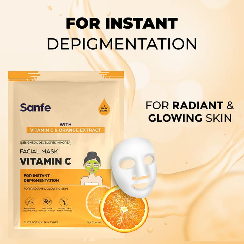 Sanfe Face Sheet Mask (Vitamin C), 25 ml, Brightening & Hydrating Glow Care view 2