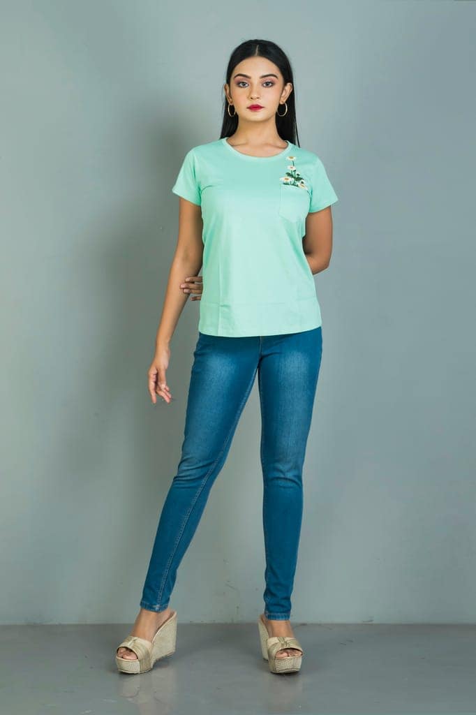Women’s T shirt with hand embroidery work light green coloured cotton T shirt view 2