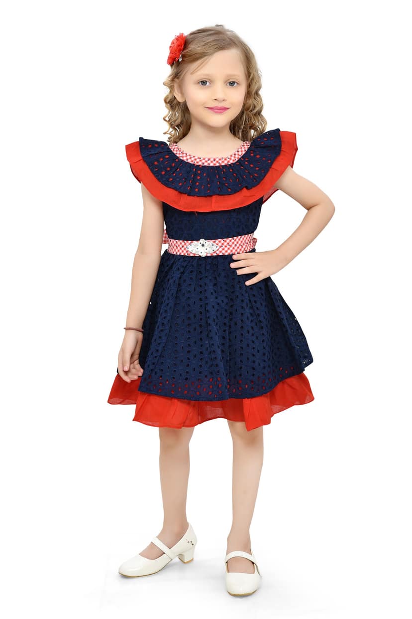 Be:Kids Enchanted Evening Navy Polka-Dot Dress with Red Accents and Rhinestone Belt