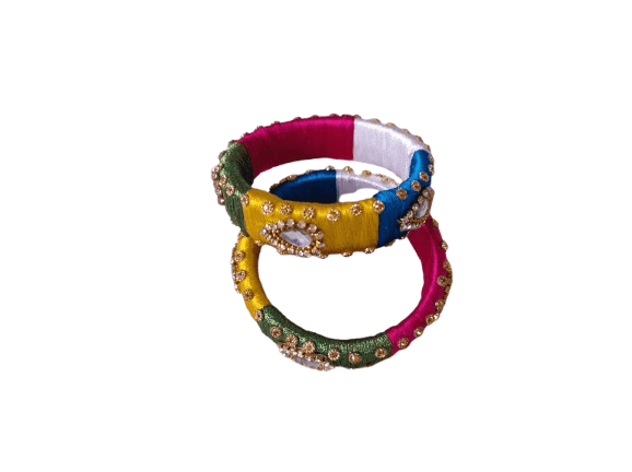 Set of 2 Traditional Indian Silk Thread Bangles with Kundan Stones for Women and Girls