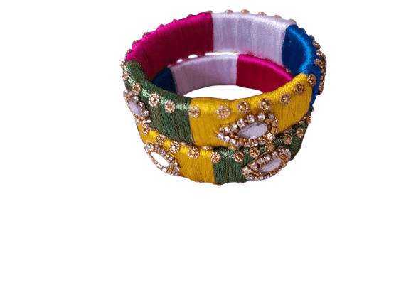 Set of 2 Traditional Indian Silk Thread Bangles with Kundan Stones for Women and Girls view 2
