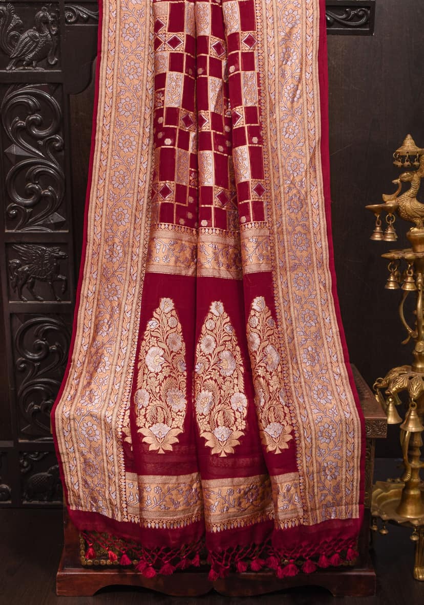 Alfi Sona Rupa Geometric Jaal Pure Silk Georgette Saree in Maroon | SILK MARK CERTIFIED view 2
