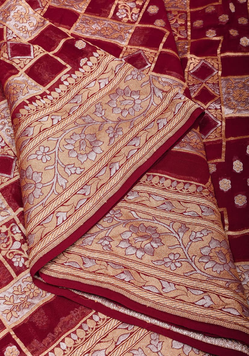 Alfi Sona Rupa Geometric Jaal Pure Silk Georgette Saree in Maroon | SILK MARK CERTIFIED view 5