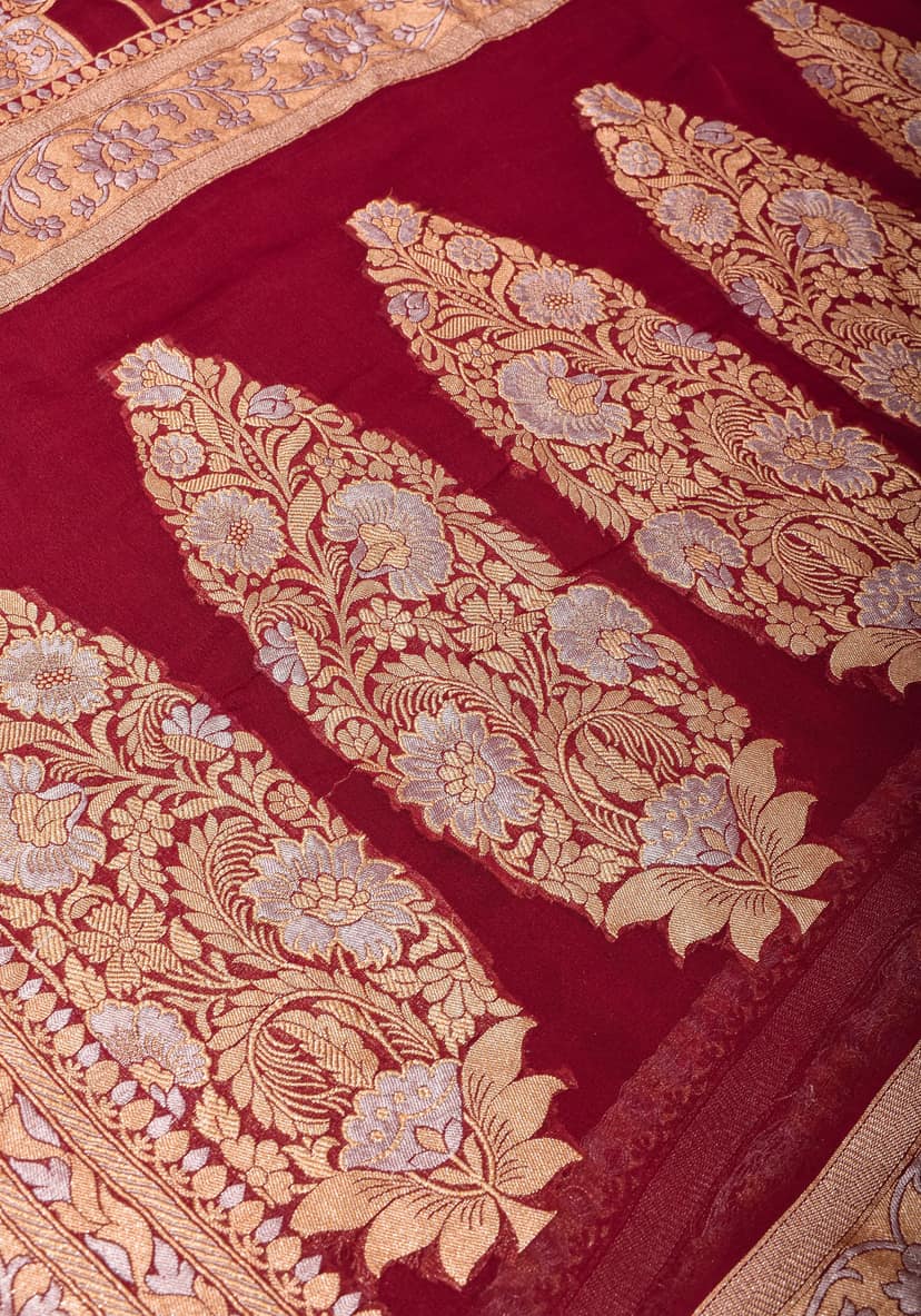 Alfi Sona Rupa Geometric Jaal Pure Silk Georgette Saree in Maroon | SILK MARK CERTIFIED view 8