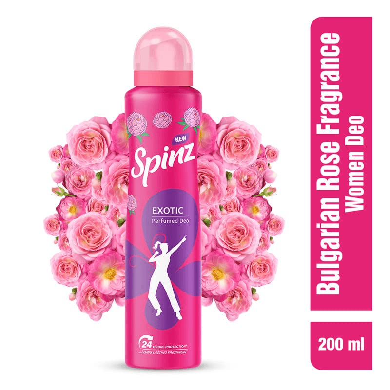 Spinz Exotic Perfumed Deo for Women Bulgarian Rose Fragrance Long Lasting Freshness, 24 Hours Protection from Odour causing Bacteria - 200 ml