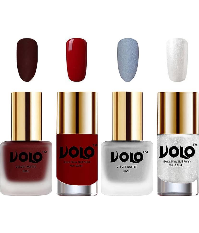 VOLO Extra Shine AND Dull Velvet Matte Nail Polish Maroon,Silver,Red, Silver Glossy Pack of 4 36 mL