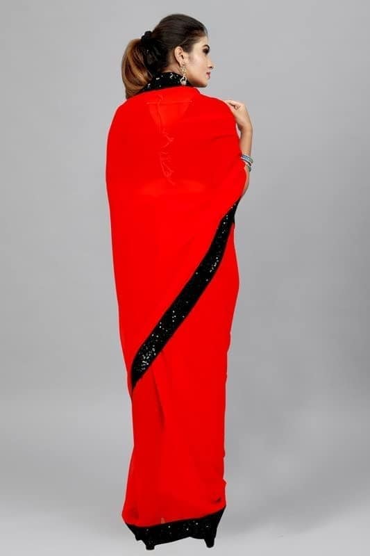 Buy & Try Women's Georgette Plain Saree With Embroidery Work Velvet Blouse Sequence Less Border and Unstitched. (5.5 M) view 5