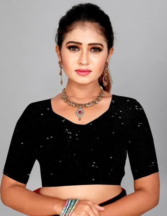 Buy & Try Women's Georgette Plain Saree With Embroidery Work Velvet Blouse Sequence Less Border and Unstitched. (5.5 M) view 7