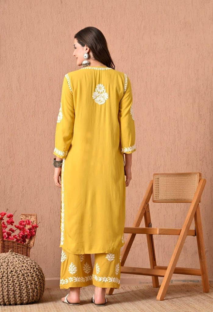 Hand Embroidered Chikankari Plazo Set with 3d Work-Mango yellow view 7