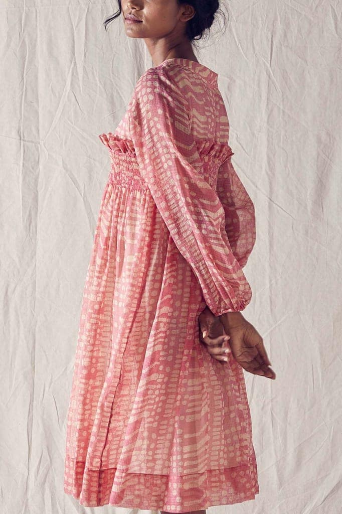 Dusted Pink Batik Smock Detail Dress In Handloom Kota Doria And Off White Checks Cotton Khadi Mulmul view 3