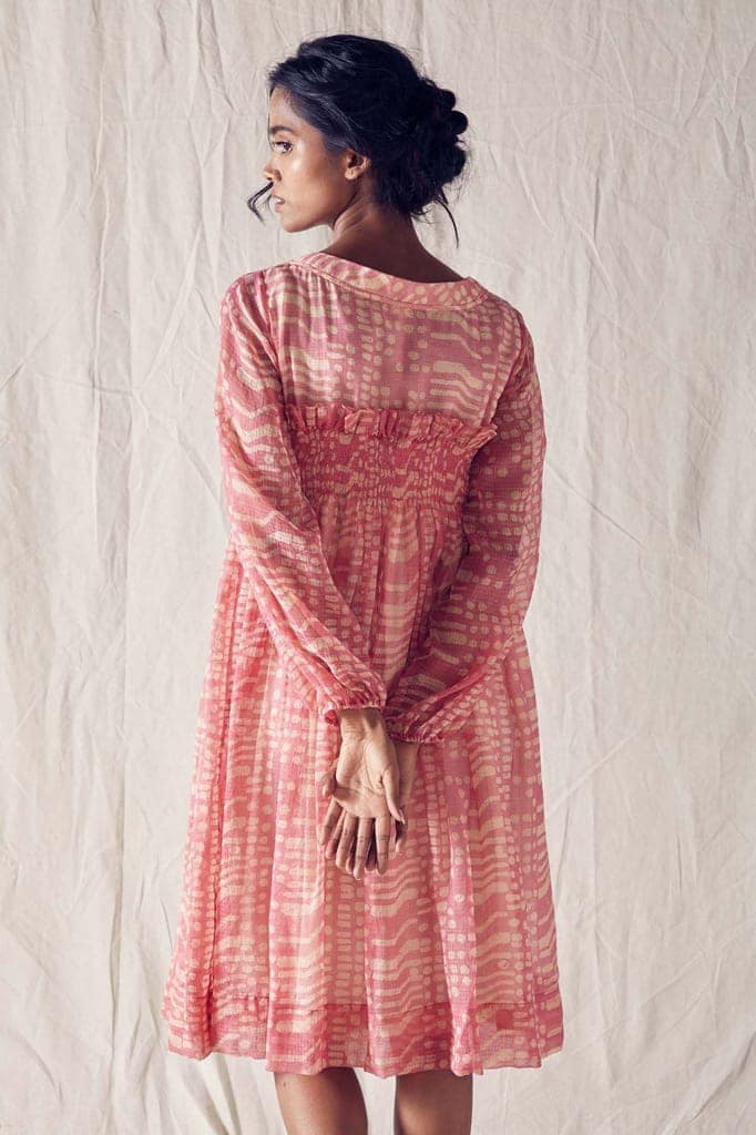 Dusted Pink Batik Smock Detail Dress In Handloom Kota Doria And Off White Checks Cotton Khadi Mulmul view 4