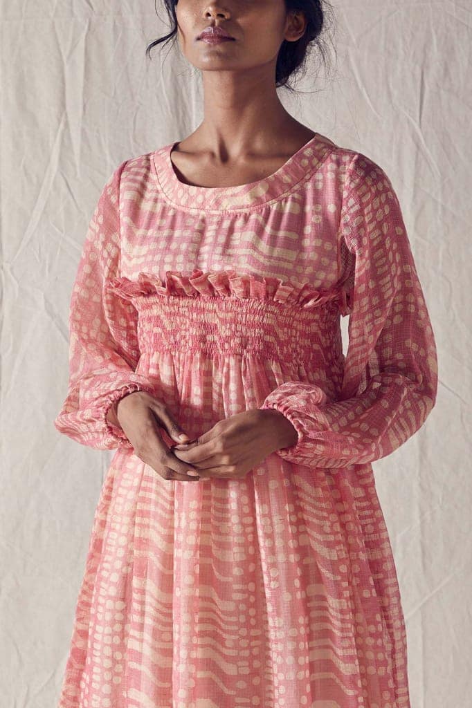 Dusted Pink Batik Smock Detail Dress In Handloom Kota Doria And Off White Checks Cotton Khadi Mulmul view 5