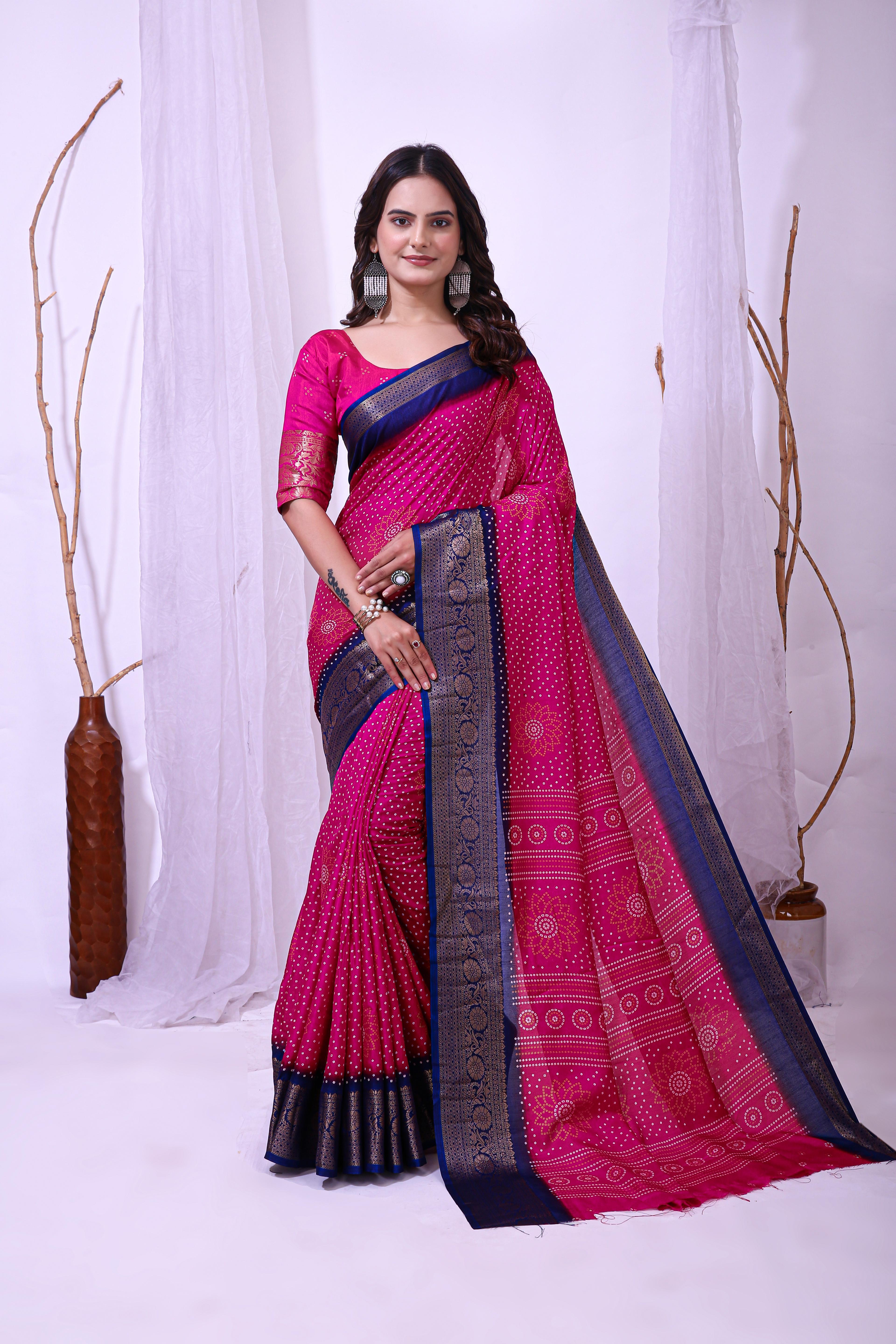 Bandhani Print Dola Silk Saree with Zari Border