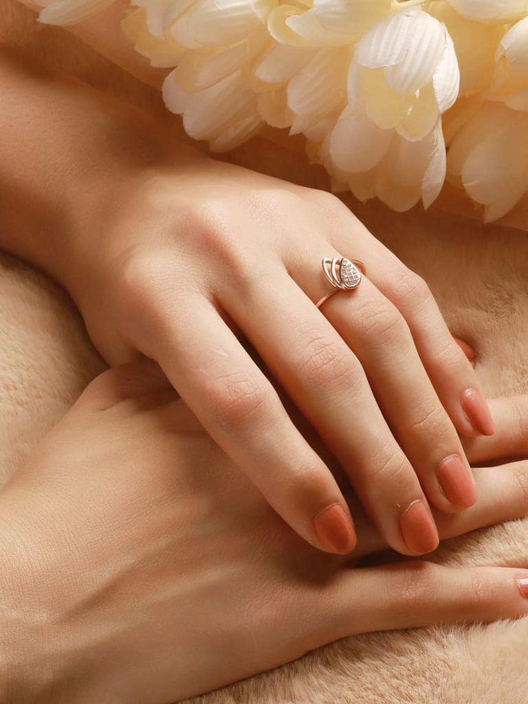 925 Sterling Silver Rose Gold Plated AD Studded Leaf Shaped Proposal Adjustable Finger Ring view 2
