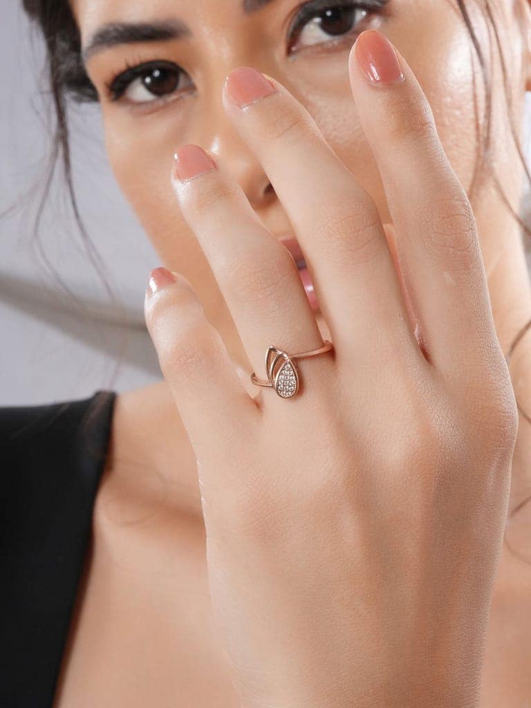 925 Sterling Silver Rose Gold Plated AD Studded Leaf Shaped Proposal Adjustable Finger Ring view 3