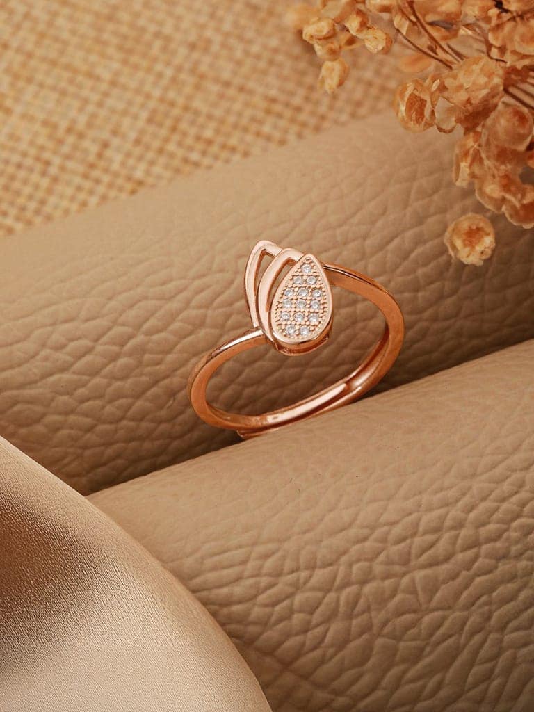 925 Sterling Silver Rose Gold Plated AD Studded Leaf Shaped Proposal Adjustable Finger Ring view 9